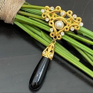 Vintage CRAFT Black Lucite Drop Faux Pearl Large Brooch